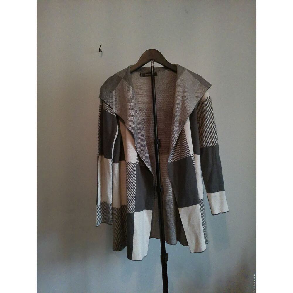 MEROKEETY Plaid Colorblock Open Front Cardigan Sweater Grey Taupe Off-White